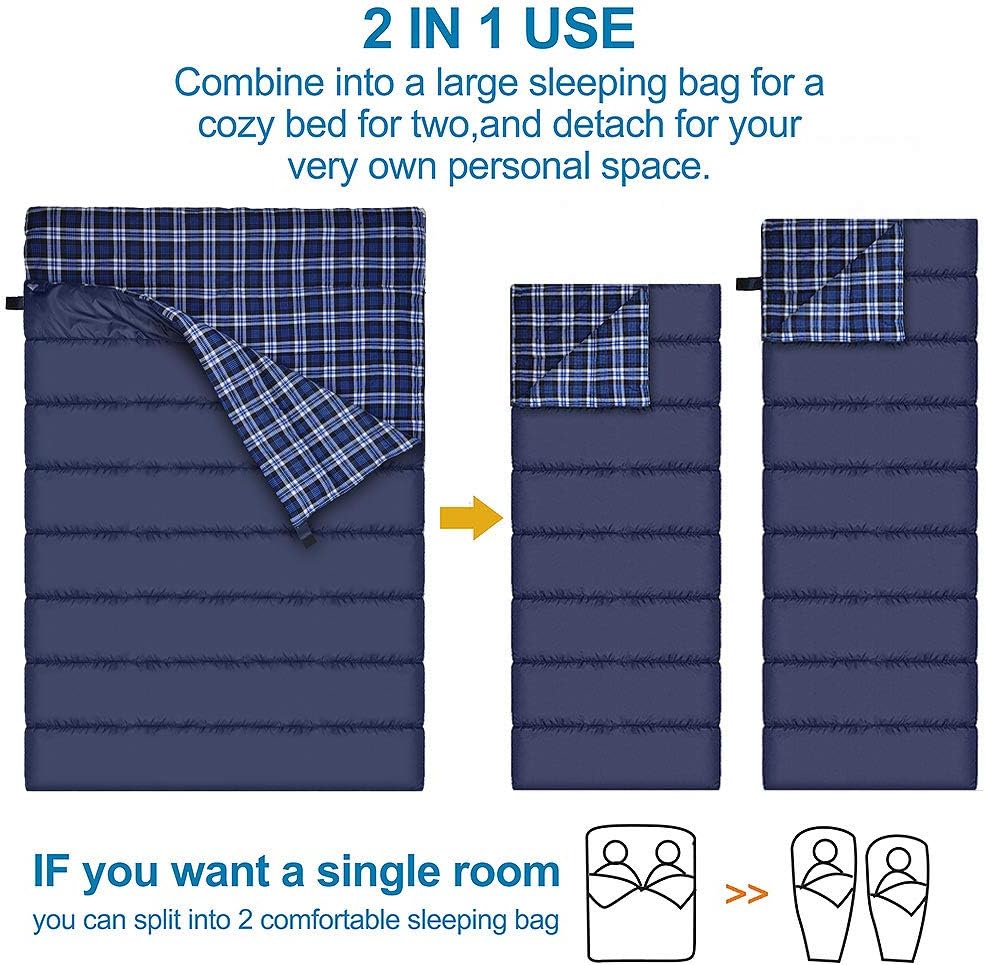 AGEMORE Cotton Flannel Double Sleeping Bag for Camping, Backpacking Or Hiking. Queen Size 2 Person Waterproof Sleeping Bag for Adults Or Teens. Lightweight with Compression Sack - Image 4