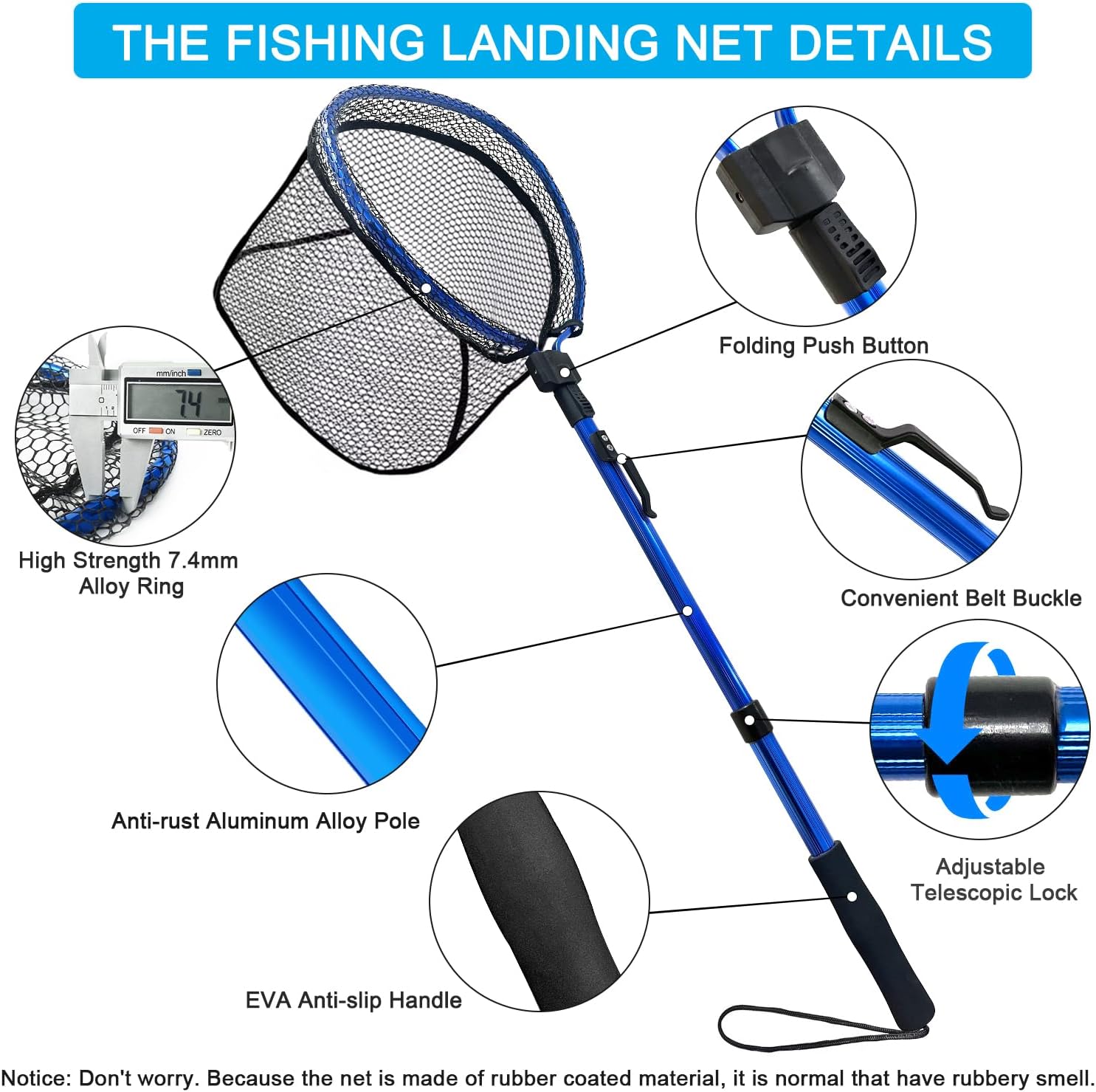 LBW Folding Rubber Fishing Net, Kayak Fishing Net for Saltwater or Freshwater, Collapsible Fishing Landing Net, Catfish, Bass, Trout Net, Compact Fishing Net with Handle - Image 2