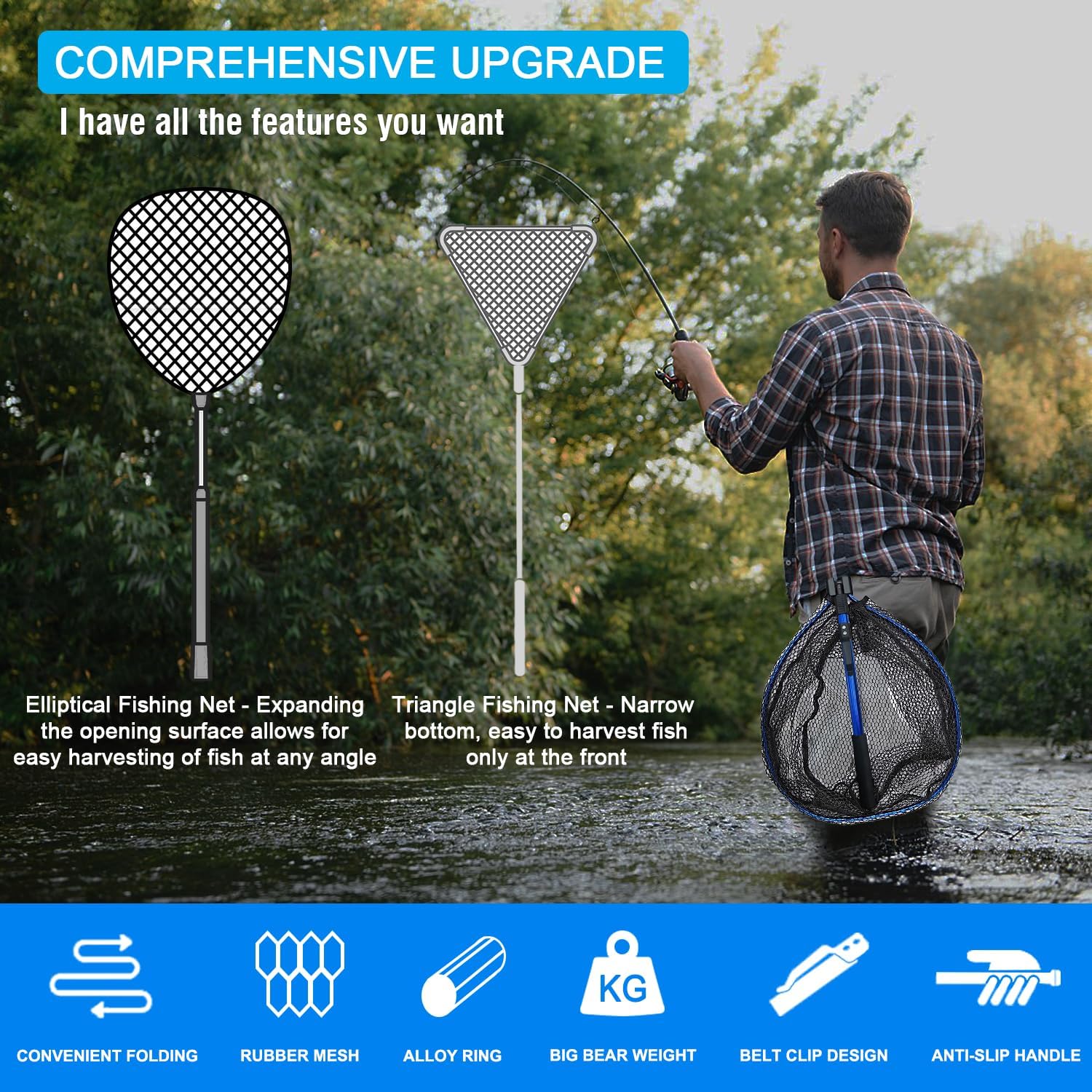 LBW Folding Rubber Fishing Net, Kayak Fishing Net for Saltwater or Freshwater, Collapsible Fishing Landing Net, Catfish, Bass, Trout Net, Compact Fishing Net with Handle - Image 6