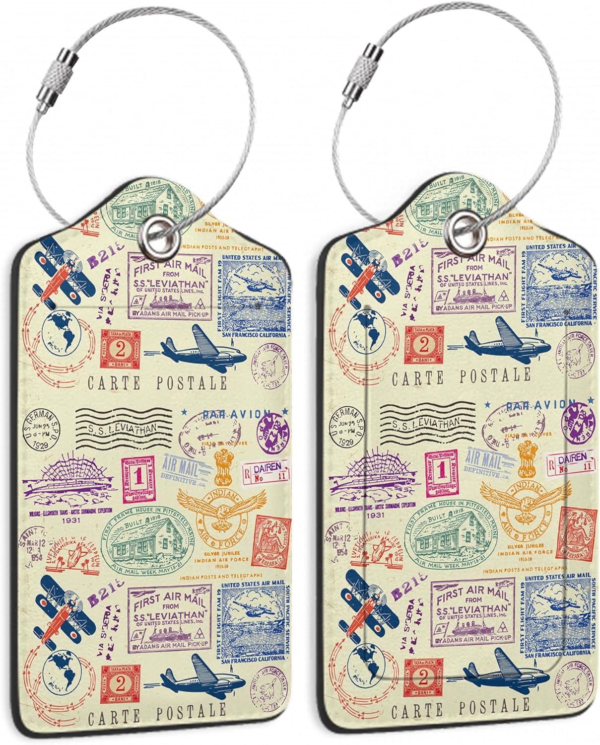 Luggage Tags for Suitcase,2 Pack Retro Stamp Carte Postale Luggage Tag Leather Privacy Cover ID Label with Stainless Steel Loop for Women Men Kids Girls Travel