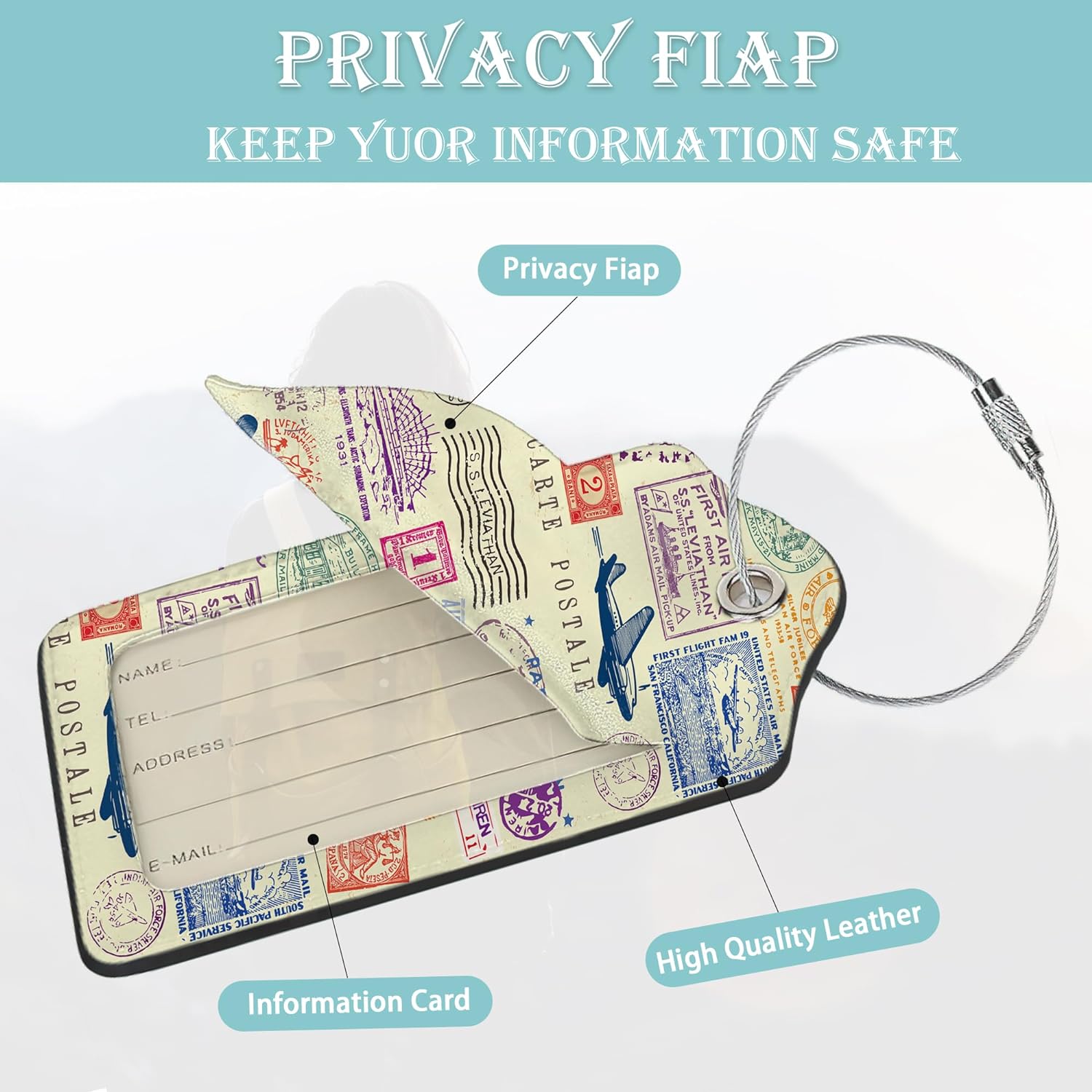Luggage Tags for Suitcase,2 Pack Retro Stamp Carte Postale Luggage Tag Leather Privacy Cover ID Label with Stainless Steel Loop for Women Men Kids Girls Travel - Image 2