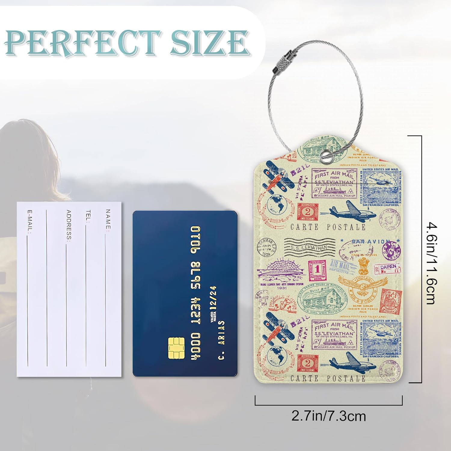 Luggage Tags for Suitcase,2 Pack Retro Stamp Carte Postale Luggage Tag Leather Privacy Cover ID Label with Stainless Steel Loop for Women Men Kids Girls Travel - Image 3