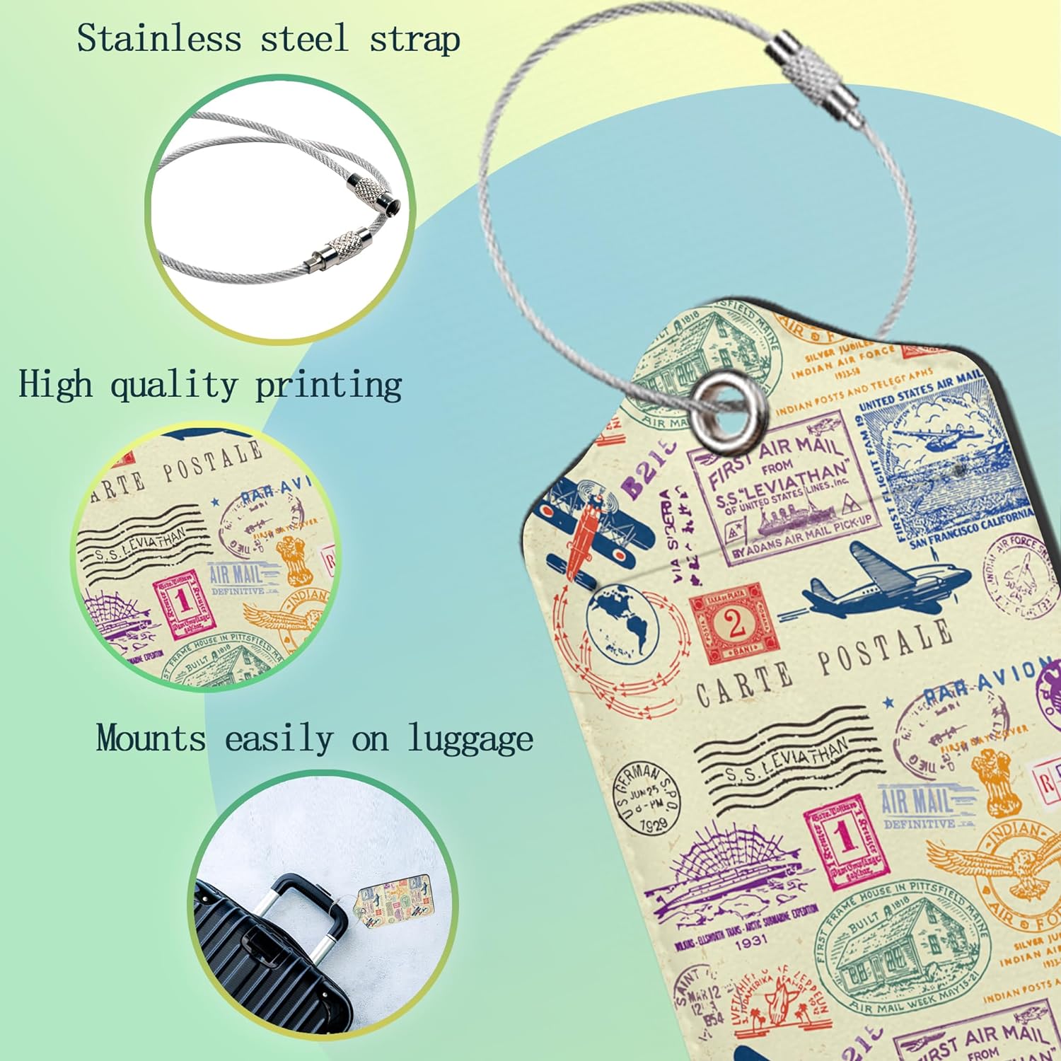 Luggage Tags for Suitcase,2 Pack Retro Stamp Carte Postale Luggage Tag Leather Privacy Cover ID Label with Stainless Steel Loop for Women Men Kids Girls Travel - Image 4